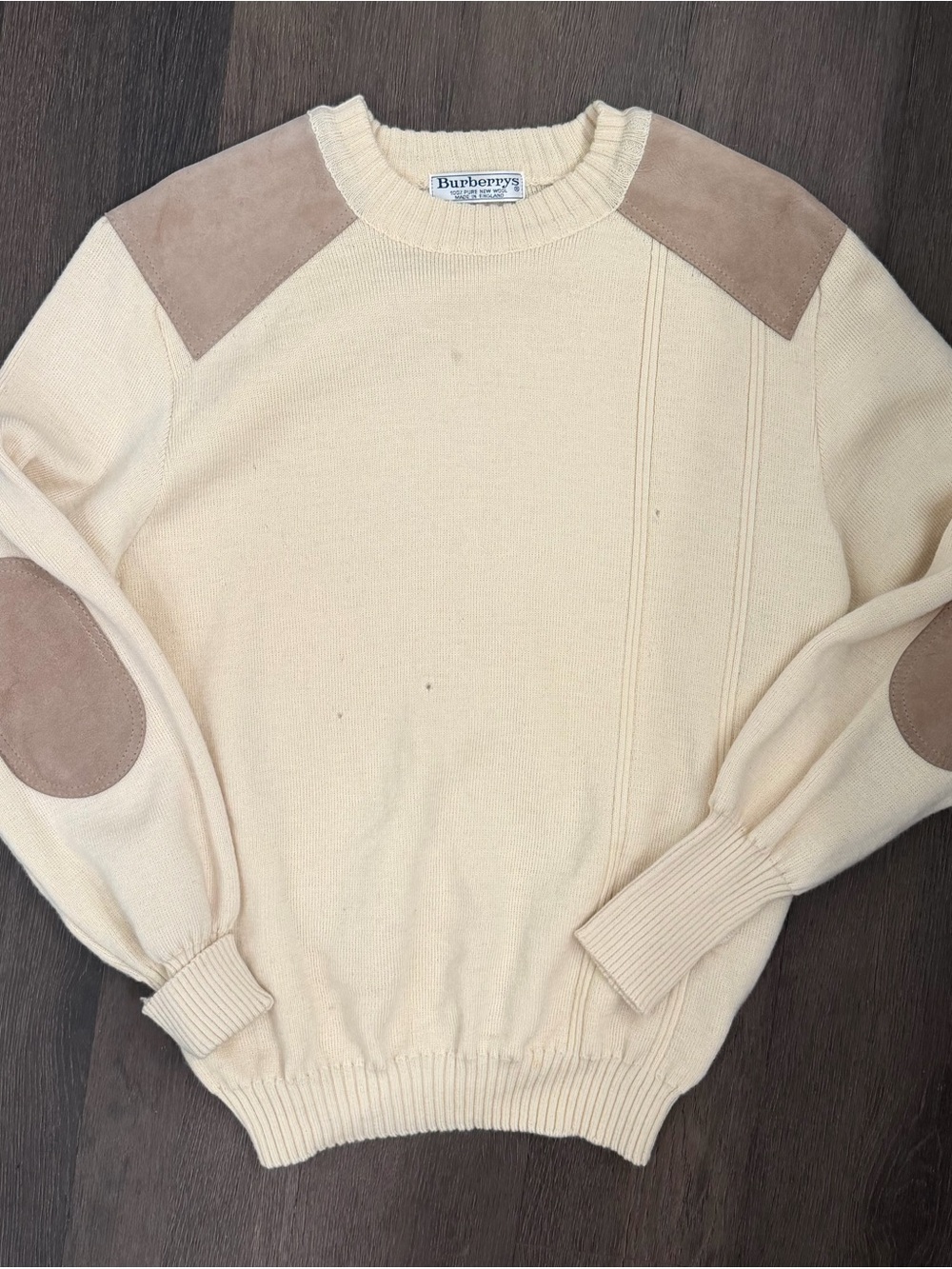 Bu*be**y Cream Crewneck Sweater with Tan Suede Elbow & Shoulder Patches
